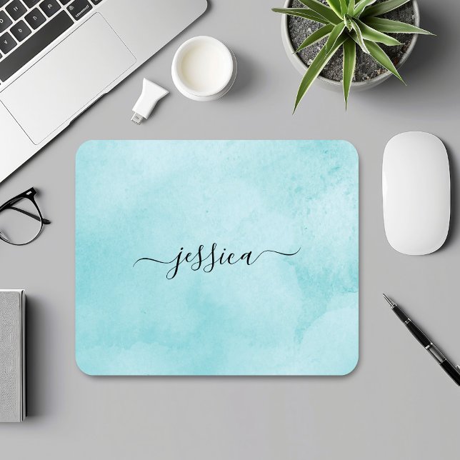 Chic Aqua Watercolor Calligrafy Script Mousepad (Von Creator hochgeladen)