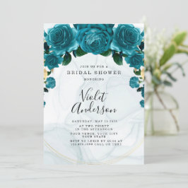 Chic Aquamarin and Gold Peony Brautparty Einladung