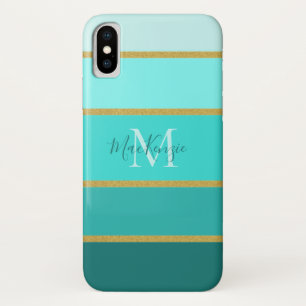 Chic Aquamarin Blue Green Stripes Muster mit Namen Case-Mate iPhone Hülle