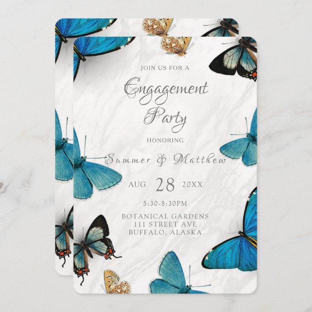 Chic Aquamarin Blue Painted Butterfly Engagement P Einladung (Vorne/Hinten)