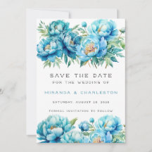 Chic Aquamarin Blue Peony Blume Save the Date