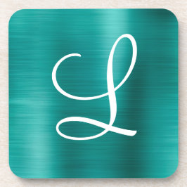 Chic Aquamarin Brushed Metal White Monogram Getränkeuntersetzer