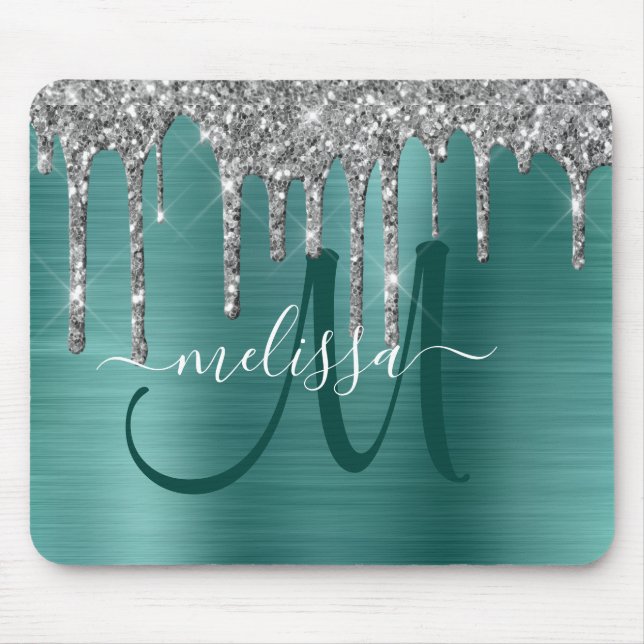 Chic Aquamarin Brushed Metallic Silver Glitzer Tro Mousepad (Vorne)