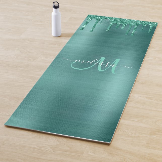 Chic Aquamarin Driving Glitzer Monogram Name Yogamatte (Beispiel)