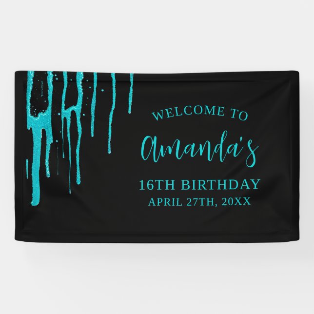 Chic Aquamarin Glitzer Tropfen Sweet 16 Geburtstag Banner (Horizontal)