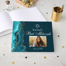 Chic Aquamarin Gold Agate Bar Mitzvah Party Foto Gästebuch