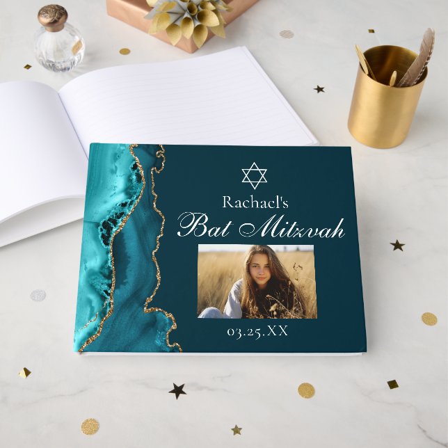 Chic Aquamarin Gold Agate Bar Mitzvah Party Foto Gästebuch (Vorderseite Offen)