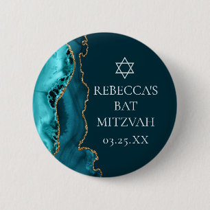 Chic Aquamarin Gold Agate Bat Mitzvah Party Button