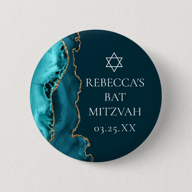 Chic Aquamarin Gold Agate Bat Mitzvah Party Button (Vorderseite)