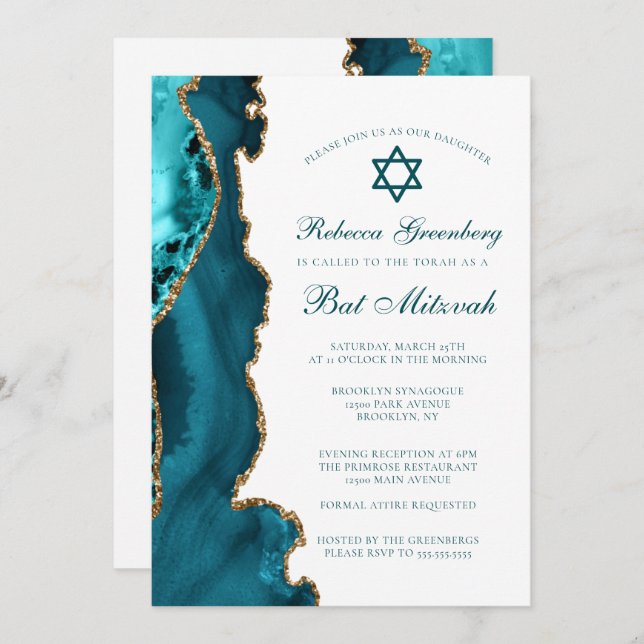 Chic Aquamarin Gold Agate Bat Mitzvah Party Einladung (Vorne/Hinten)