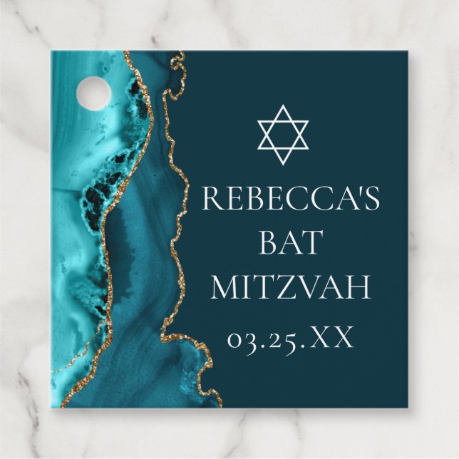 Chic Aquamarin Gold Agate Bat Mitzvah Party Geschenkanhänger (Vorderseite)