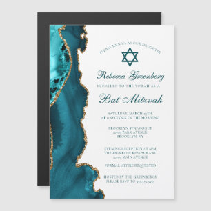 Chic Aquamarin Gold Agate Bat Mitzvah Party Magneteinladung