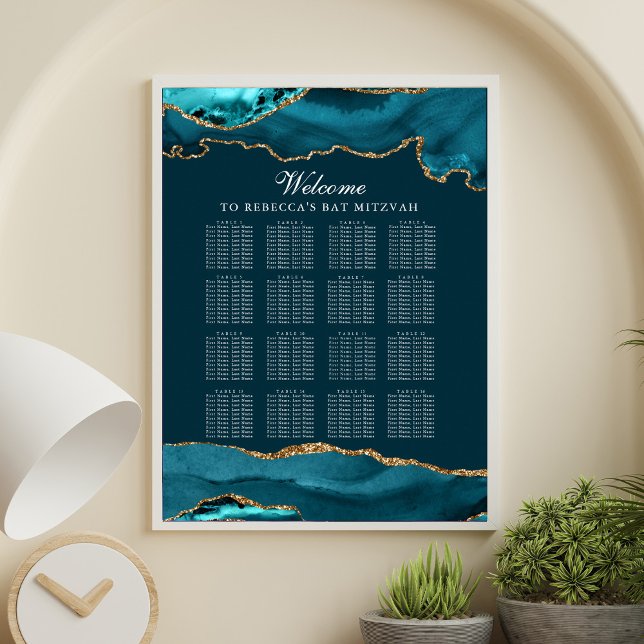 Chic Aquamarin Gold Agate Party Sitzkarte Poster (Von Creator hochgeladen)