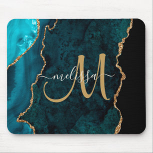 Chic Aquamarin Gold Agate Script Custom Monogram Mousepad