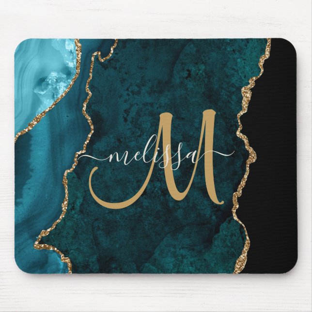Chic Aquamarin Gold Agate Script Custom Monogram Mousepad (Vorne)