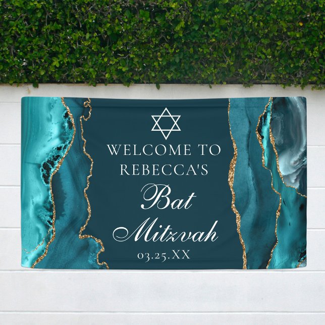 Chic Aquamarin Gold Bat Mitzvah Party Willkommen Banner (Von Creator hochgeladen)