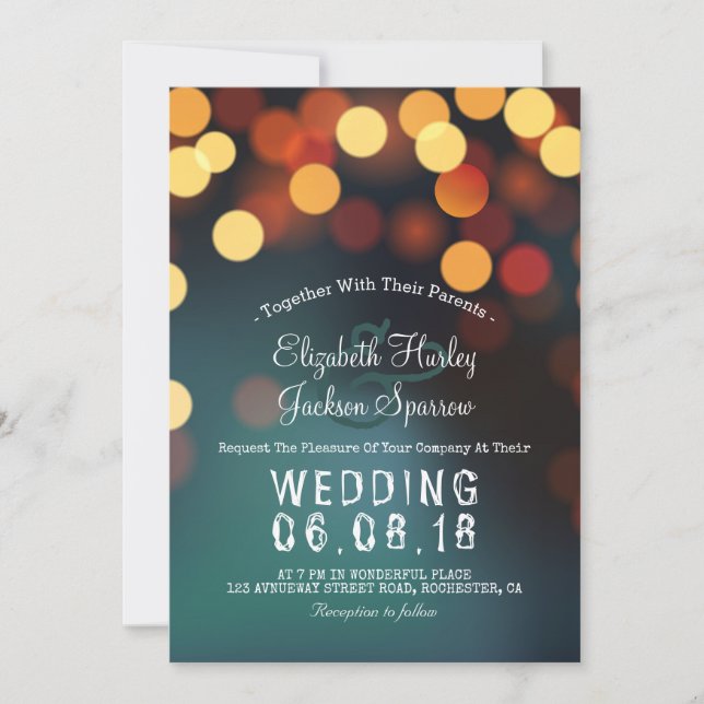 Chic Aquamarin Gold Bokeh Glitzer String Lights We Einladung (Vorderseite)