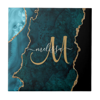 Chic Aquamarin Gold Glitzer Agate Custom Monogram Fliese