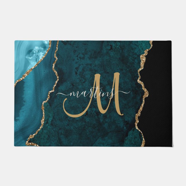 Chic Aquamarin Gold Glitzer Agate Custom Monogram Fußmatte (Vorderseite)