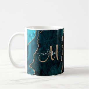 Chic Aquamarin Gold Glitzer Agate Custom Monogram Kaffeetasse