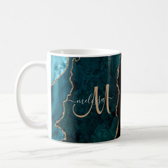 Chic Aquamarin Gold Glitzer Agate Custom Monogram Kaffeetasse (Links)