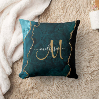 Chic Aquamarin Gold Glitzer Agate Custom Monogram Kissen