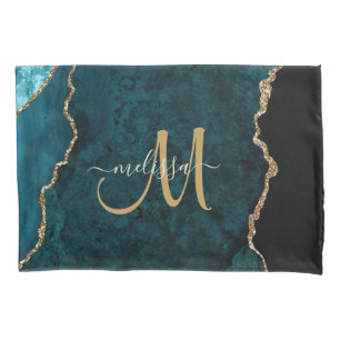 Chic Aquamarin Gold Glitzer Agate Custom Monogram Kissenbezug