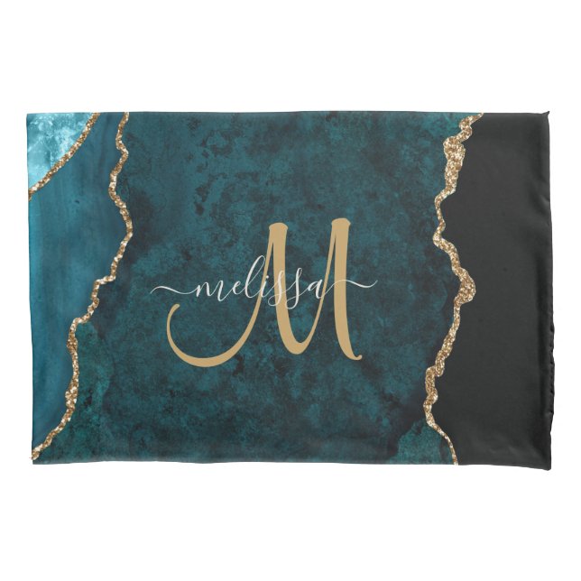 Chic Aquamarin Gold Glitzer Agate Custom Monogram Kissenbezug (Vorderseite)