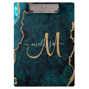 Chic Aquamarin Gold Glitzer Agate Custom Monogram Klemmbrett