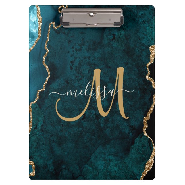 Chic Aquamarin Gold Glitzer Agate Custom Monogram Klemmbrett (Vorderseite)