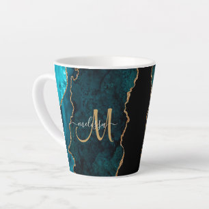Chic Aquamarin Gold Glitzer Agate Custom Monogram Milchtasse