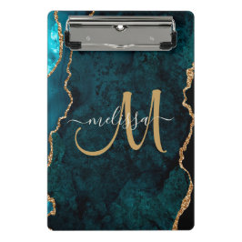 Chic Aquamarin Gold Glitzer Agate Custom Monogram Mini Klemmbrett