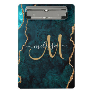 Chic Aquamarin Gold Glitzer Agate Custom Monogram Mini Klemmbrett