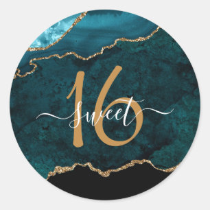 Chic Aquamarin Gold Glitzer Agate Custom Monogram Runder Aufkleber