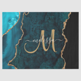 Chic Aquamarin Gold Glitzer Agate Custom Monogram Seidenpapier