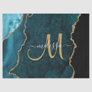 Chic Aquamarin Gold Glitzer Agate Custom Monogram Seidenpapier