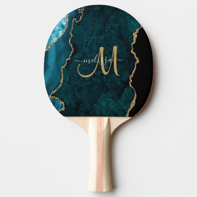 Chic Aquamarin Gold Glitzer Agate Custom Monogram Tischtennis Schläger (Vorderseite)
