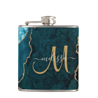 Chic Aquamarin Gold Glitzer Agate Monogram Name Flachmann