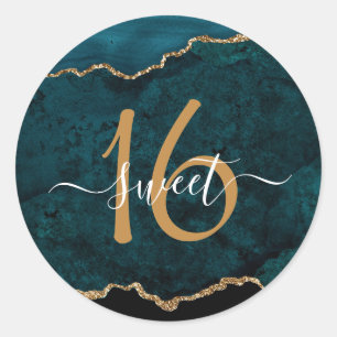 Chic Aquamarin Gold Glitzer Agate Sweet 16 Runder Aufkleber