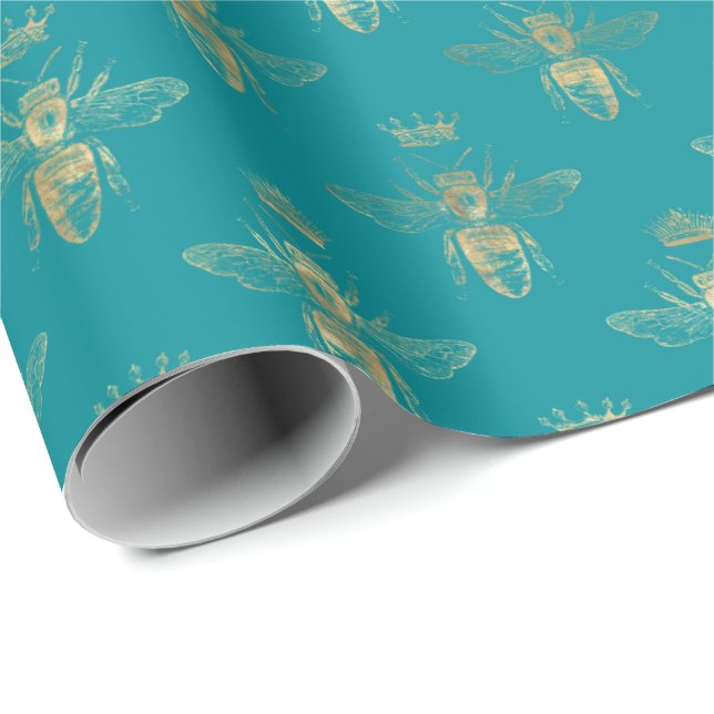Chic Aquamarin Gold Queen Bee Pattern Geschenkpapier (Rolleneckpunkt)
