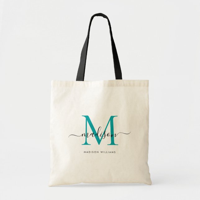Chic Aquamarin Green Black Monogram Initial Script Tragetasche (Vorne)