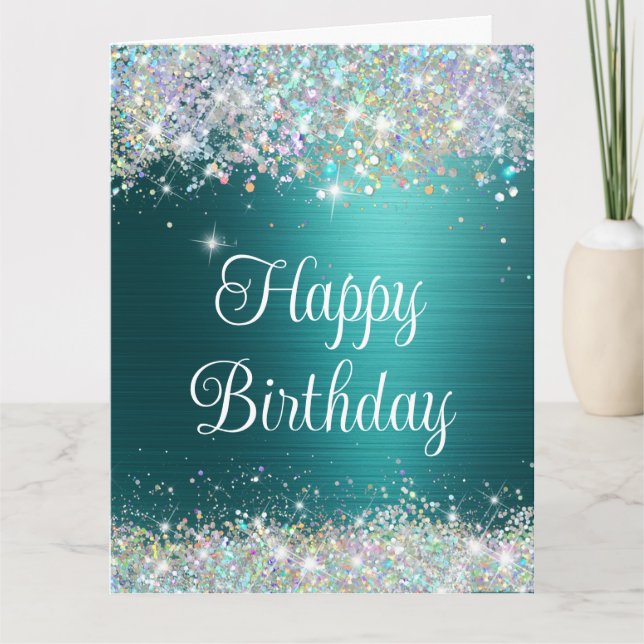 Chic Aquamarin Holographic Imitate Glitzer Happy B Karte (Vorderseite)