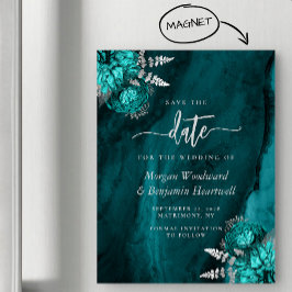 Chic Aquamarin Silver Floral Wedding Save the Date Magneteinladung