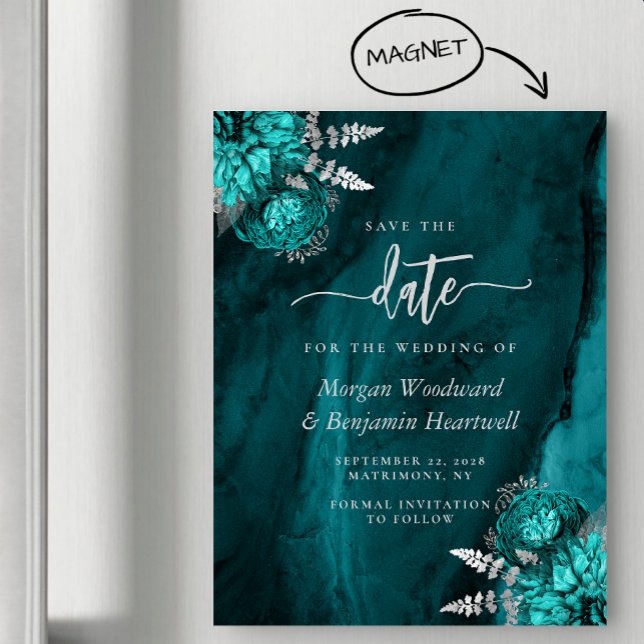Chic Aquamarin Silver Floral Wedding Save the Date Magneteinladung (Von Creator hochgeladen)
