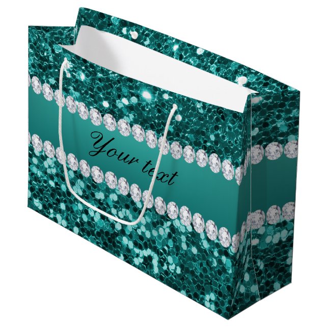 Chic-aquamariner Imitat-Glitzer und Diamanten Große Geschenktüte (Vorderseite Schrägansicht)