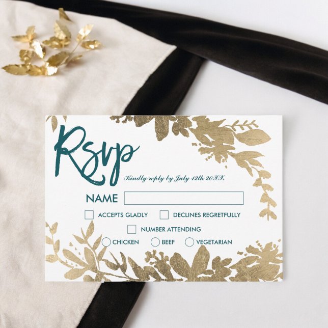 Chic aquamarines Drehbuch uAwg Floral Einladung (Chic teal script Floral gold leaf rsvp wedding Invitation)