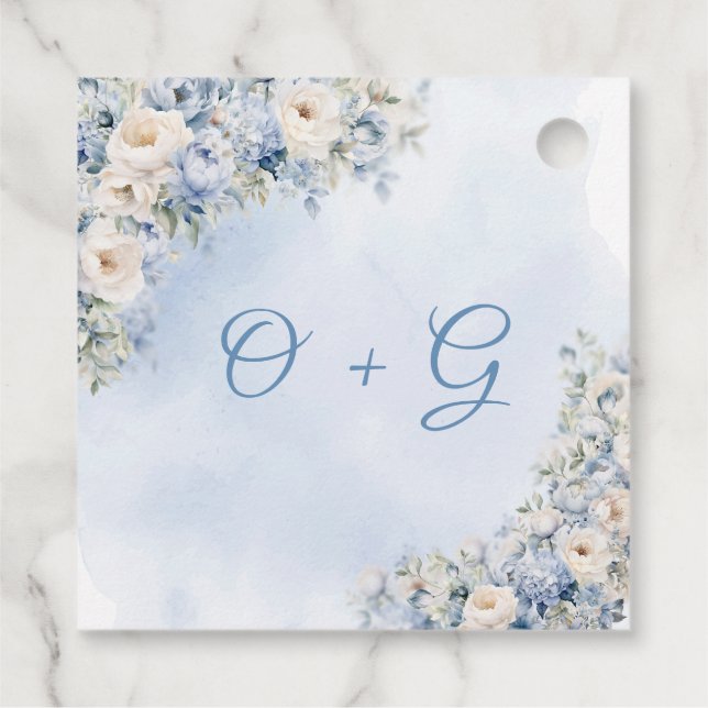 Chic Aquarell Blau-Weiß-Blume Monogramm Geschenkanhänger (Rückseite)