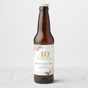 Chic Aquarell Blume Gold 40. Geburtstag Bierflaschenetikett