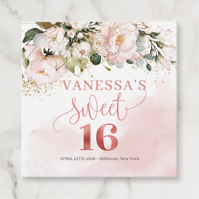 Chic Aquarell Blume Rose Gold süß 16. Geschenkanhänger (Vorderseite)