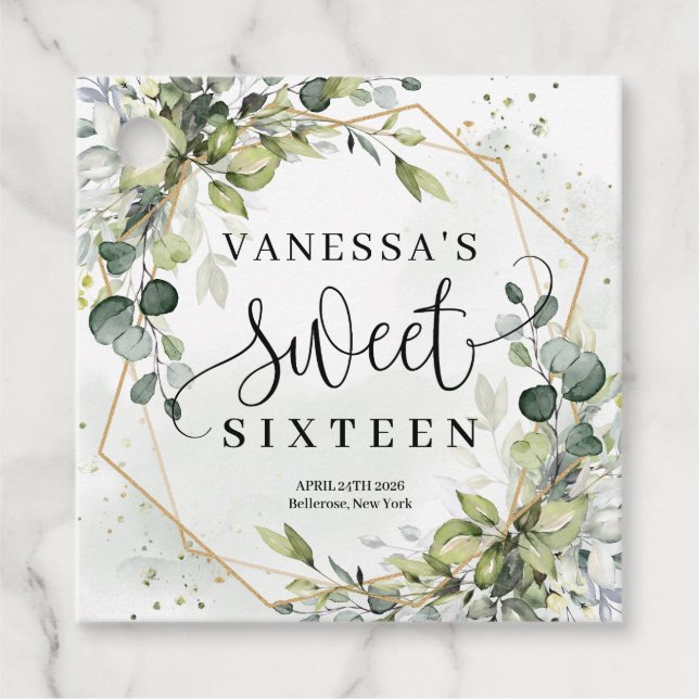 Chic Aquarell Grün und goldener Rahmen süß 16. Geschenkanhänger (Vorderseite)